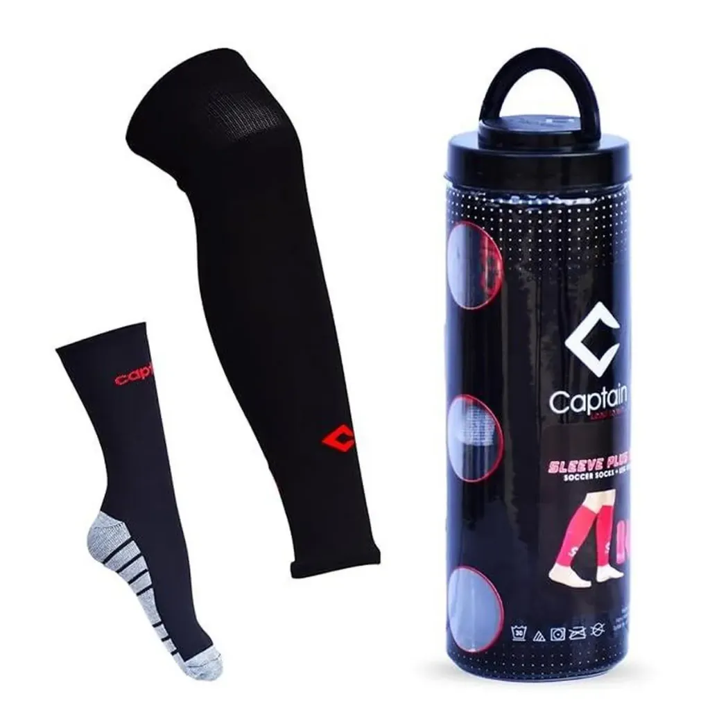 Captain Nylon Football Socks with Leg Sleeves Set for Men (Ankle Length Socks + Over-the-Knee Sleeves)